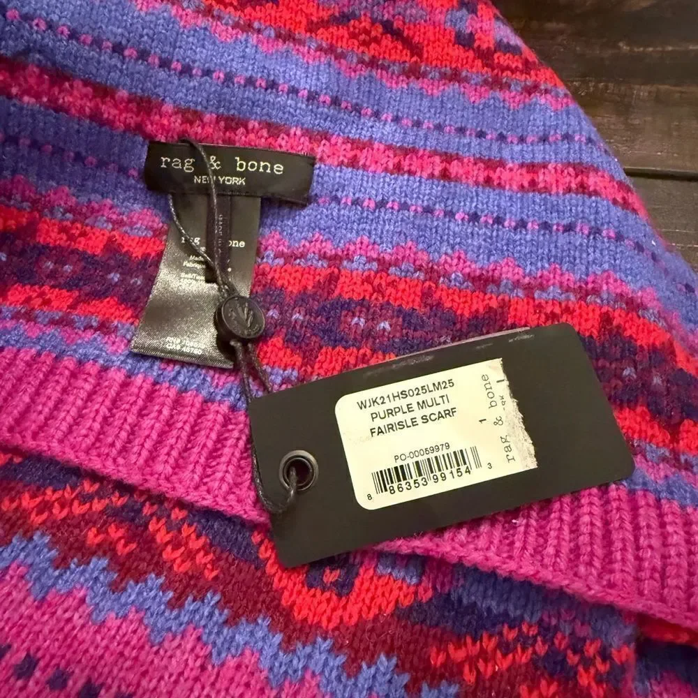 NWT RAG & BONE FAIR ISLE WOOL SCARF - PURPLE MULTI